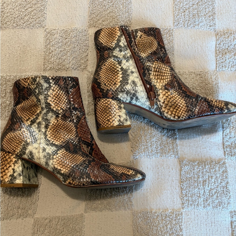 Chinese Laundry Brown and Cream Ankle Booties with Snakeskin Print